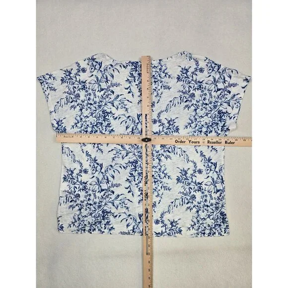 Laura Ashley Womens Floral Short Sleeve Linen Lyocell Top Size M Blue & White - Picture 3 of 3